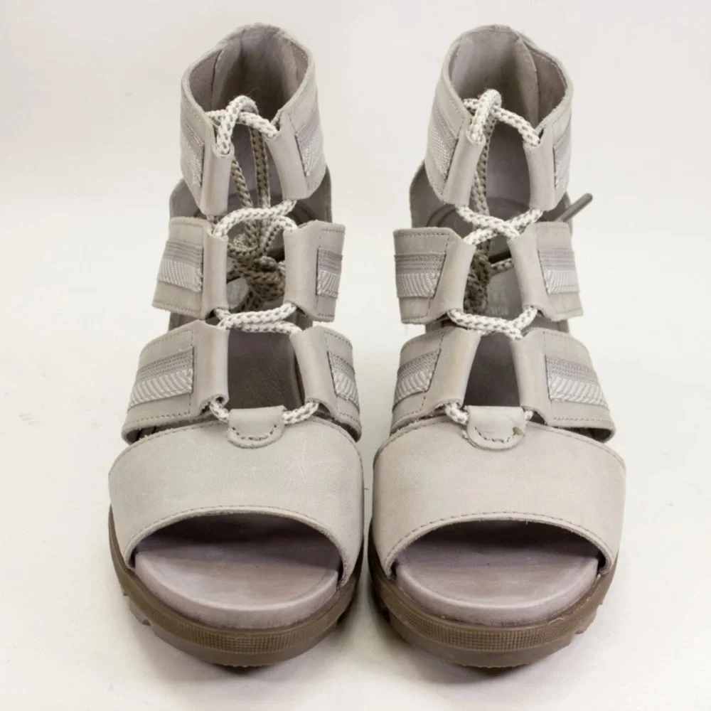 Sorel Joanie Womens Size US 9 Lace Wedge Sandals Saddle Ash Grey Peep Toe Shoes - Picture 7 of 11